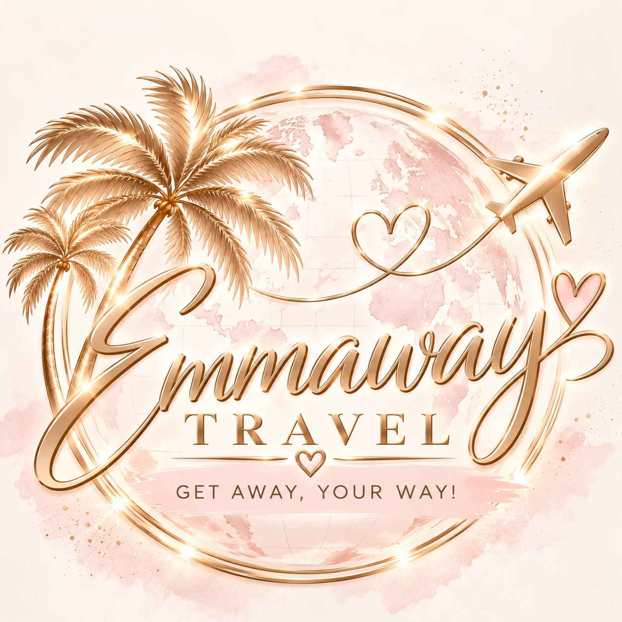 Emmaway Travel logo: a rose-gold script wordmark with palm trees, a globe and a plane tracing a heart, above the tagline Get away, your way!